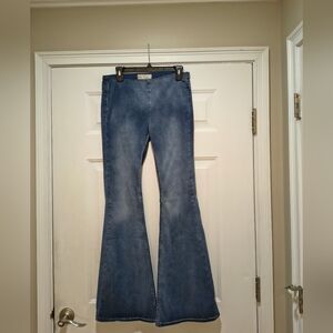 Free People Penny Pull On Flare Jeans Mid Rise Distressed Blue Women's Size 30